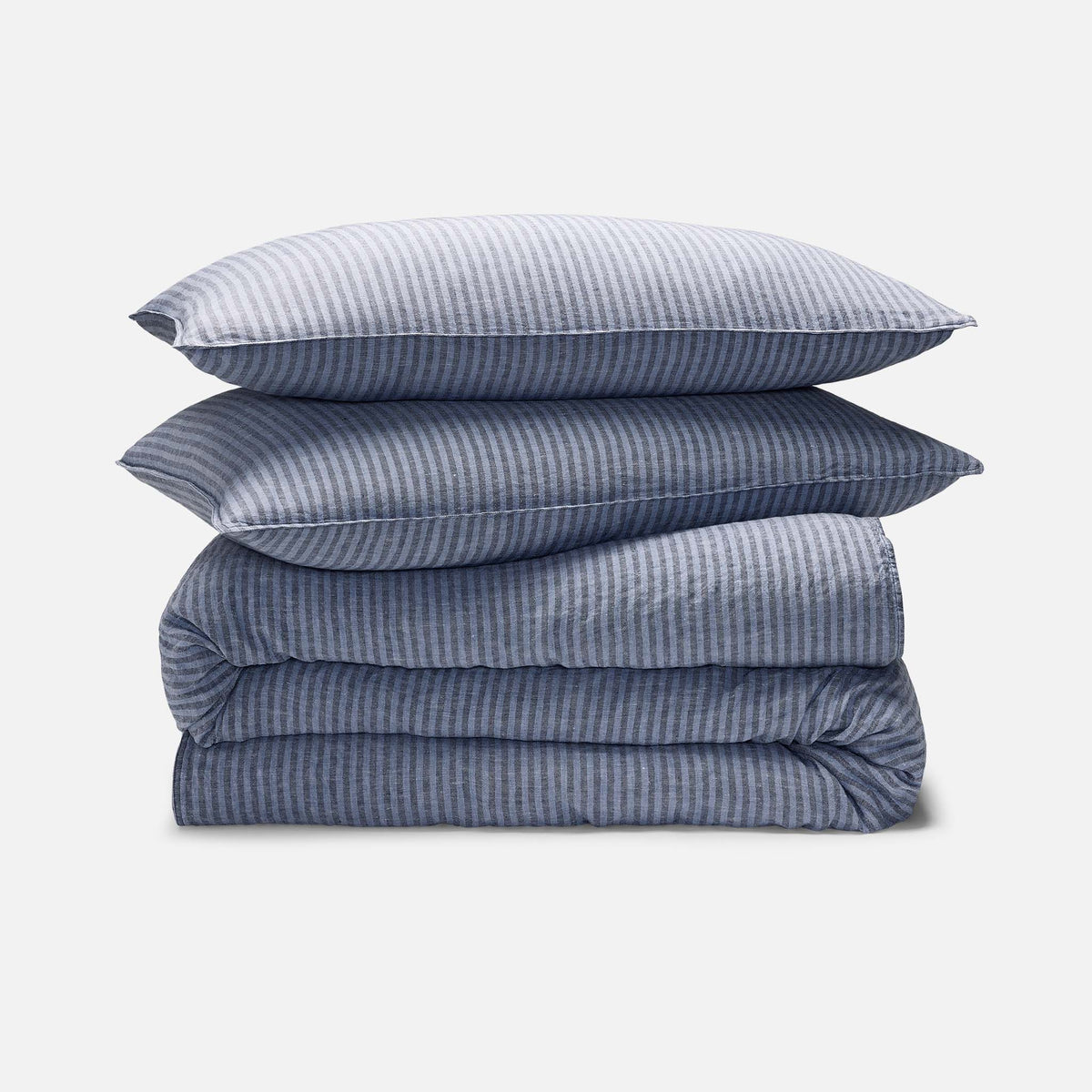 Washed European Linen Duvet Set - Oxford Stripe in Abyss / Full/Queen
