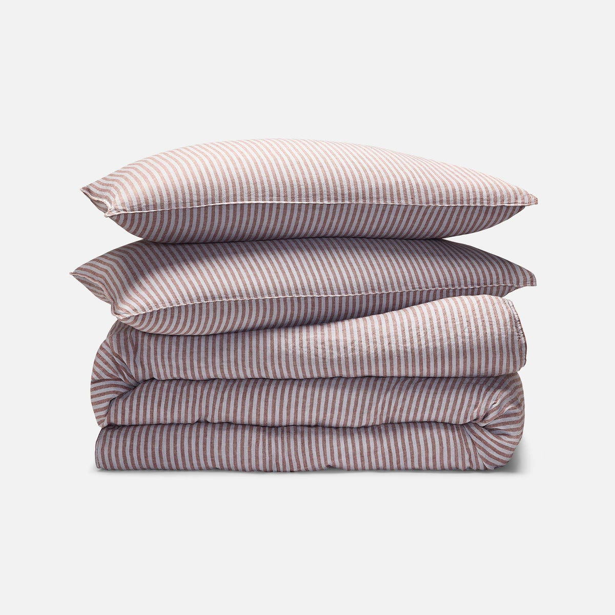 Washed European Linen Duvet Set - Oxford Stripe in Mahogany / Full/Queen