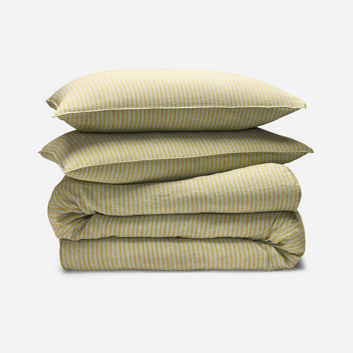 Washed European Linen Duvet Set - Oxford Stripe in Avocado / Full/Queen