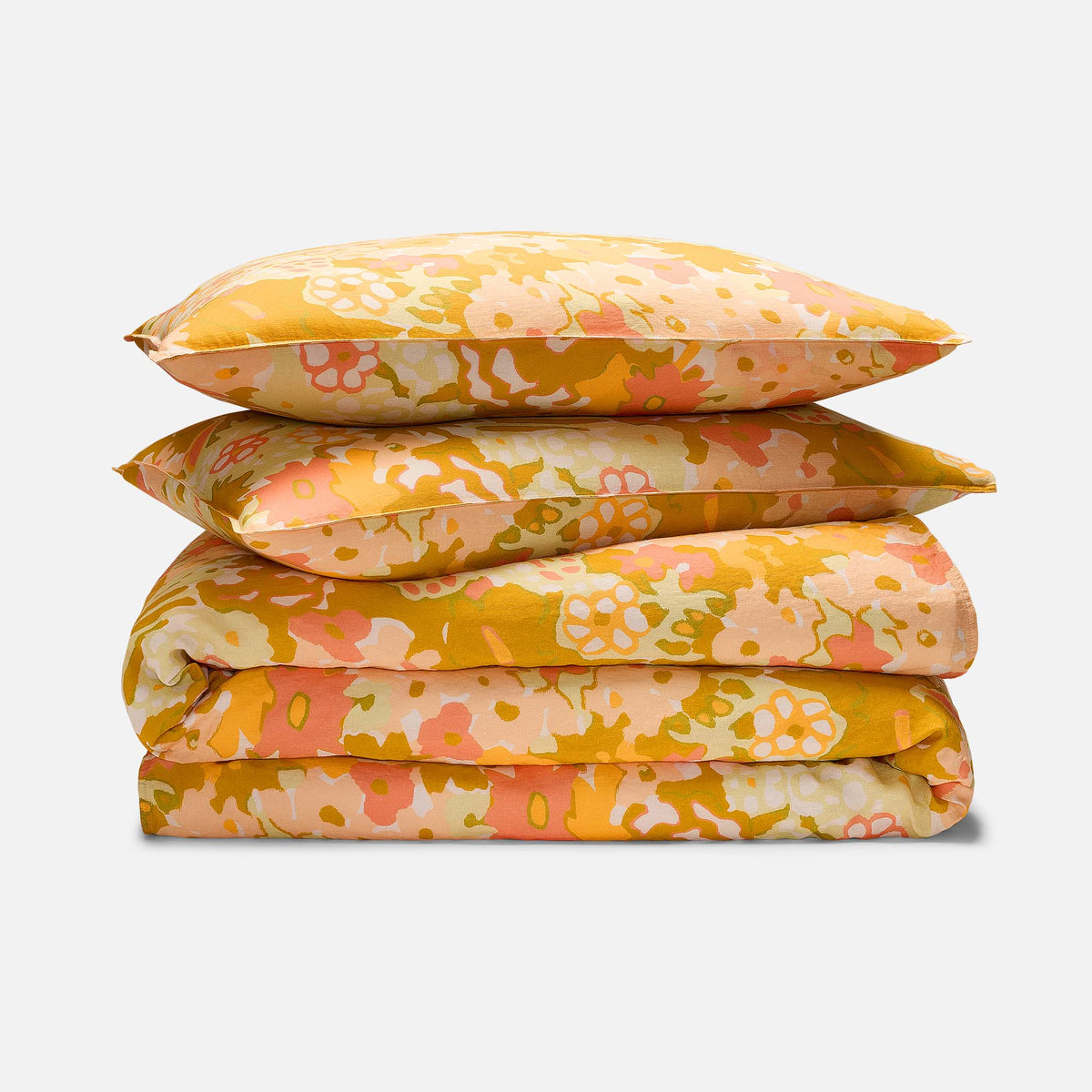Washed European Linen Duvet Set - Painted Poppies in Dreamsicle / Full/Queen